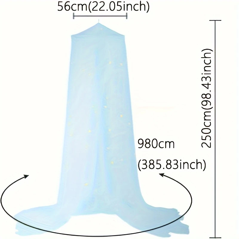 glow in the dark starry bed canopy no power needed soft polyester fabric with illuminated star patterns iron wire bracket lightweight machine washable cozy bedroom ambiance in blue or white mosquito net round semitransparent material details 3