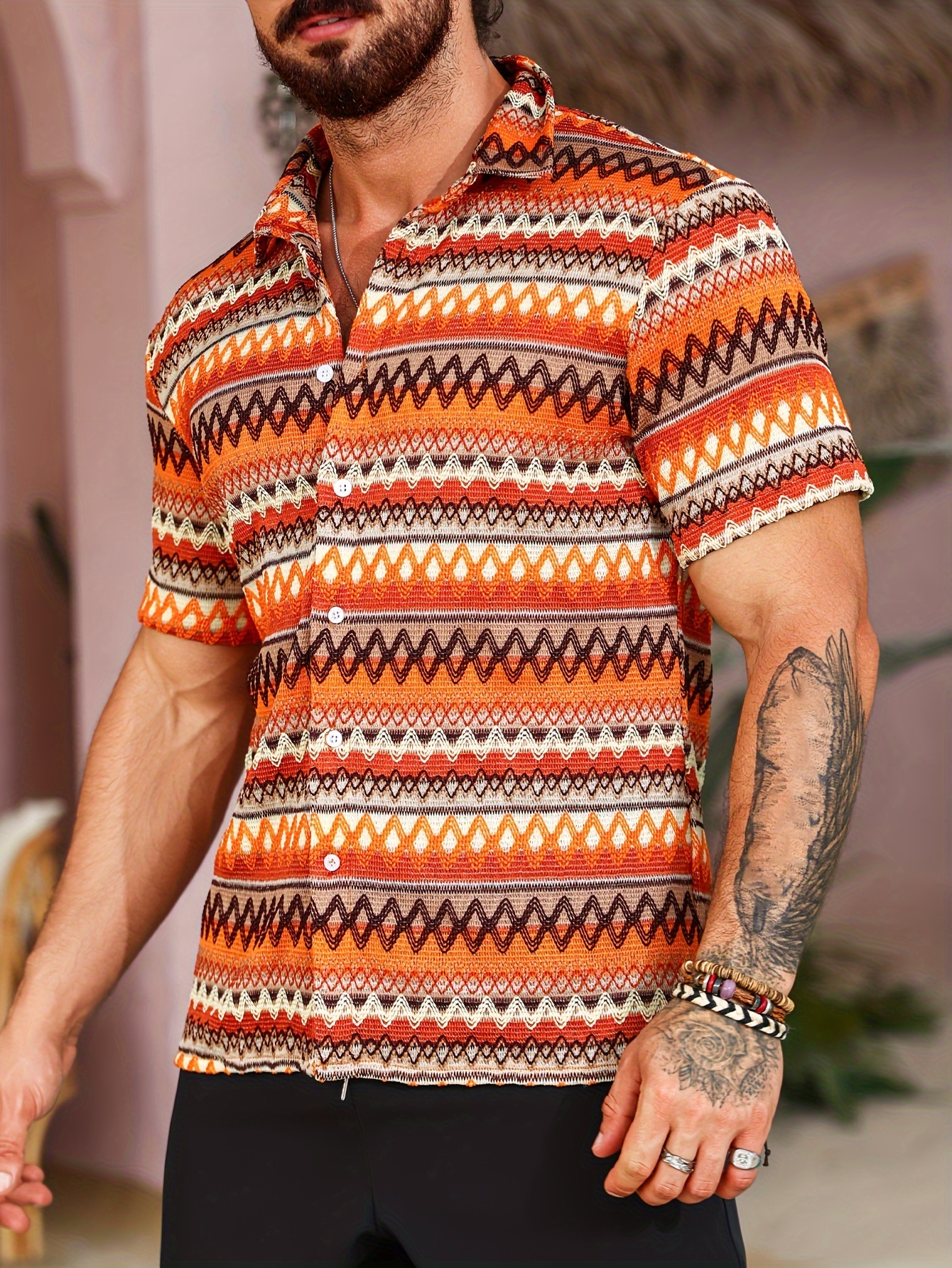 men's bohemian crochet short sleeve shirt vibrant geometric