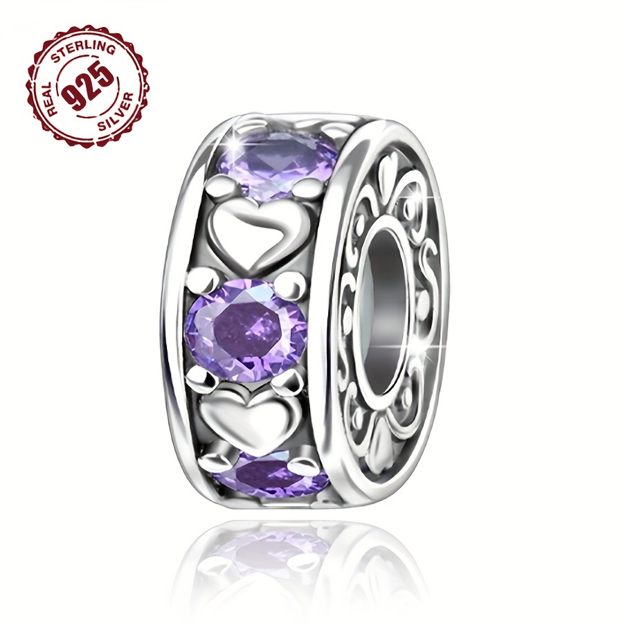 

Luxury Elegant 925 Sterling Silver Charm Bead With Synthetic Purple Zirconia Hearts, No Plating - Fashionable Love-inspired Charm For Bracelets, Ideal For Daily Wear & Gift-giving