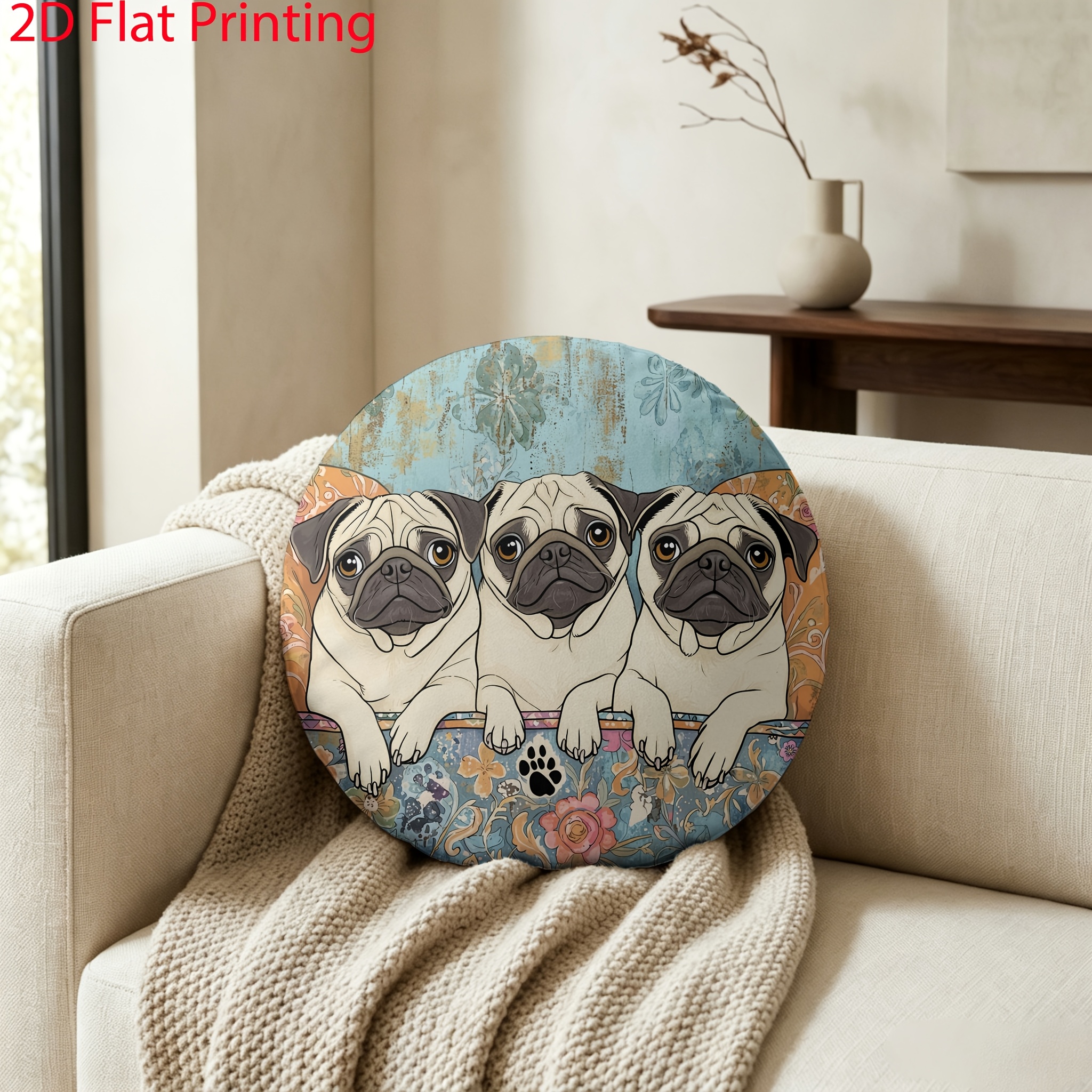 TEMU Floral Print Round Throw Pillow, 2d Printing Cozy Stuffed Cushion, Vintage Boho Decorative Pillow For Sofa Bedroom Living Room, Soft Cute Dog
