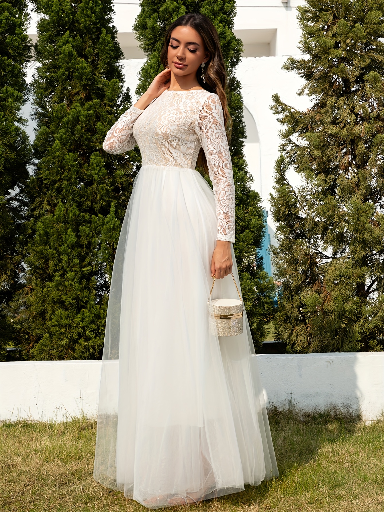 chinese dress ladies Mock Neck Sheer Lace Overlay Dress – Amy's Cart main image 0