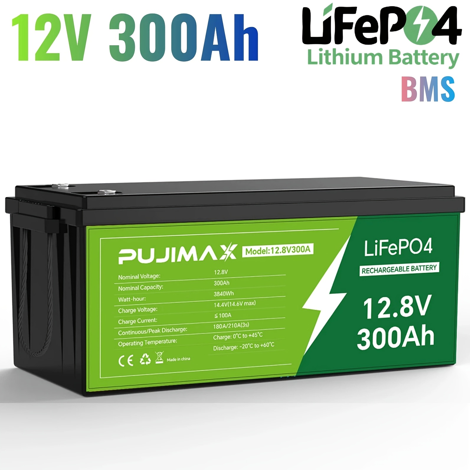 TEMU 12v 300ah Lifepo4 Lithium Rechargeable Battery With Built-in Bms, Deep Cycle, Suitable For Series/parallel Connections For Systems, Rvs, Marine