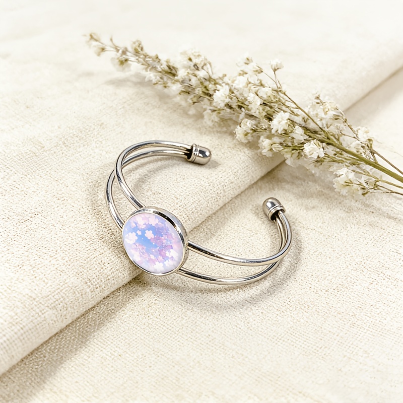 Adjustable Open Bangle with Pink Cherry Blossoms Design