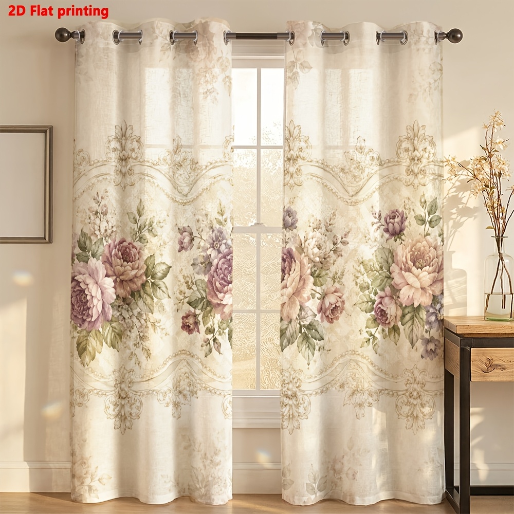 Image of 2d Flat, 2d Flat 2pcs Curtains Vintage Floral Print For Living Room Bedroom Study Home Decoration, 2d Flat