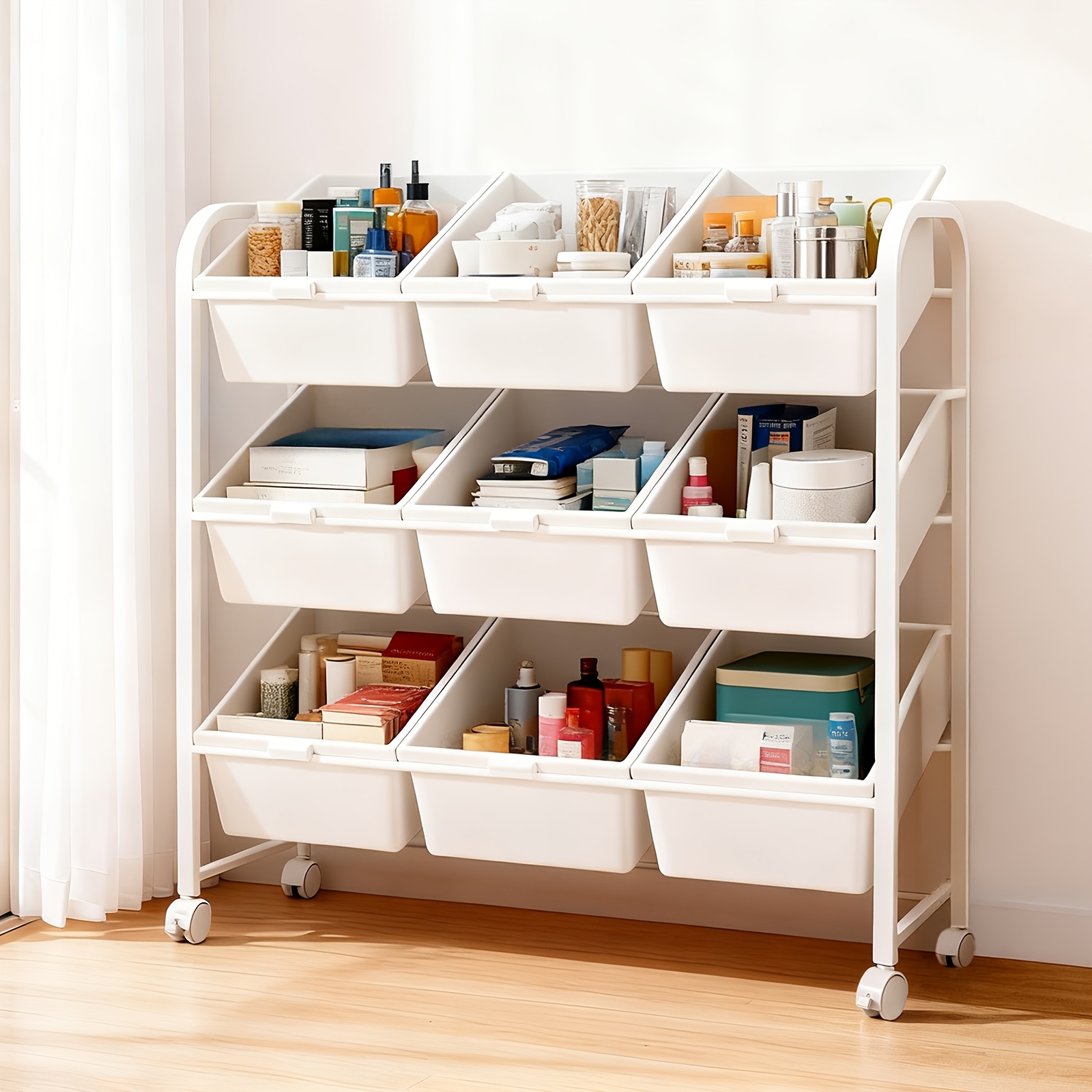 Image of 3-tier Rolling Storage Cart With Wheels-45° Tilted Shelf Design & Easy-clean Removable Bins, Strong Carbon- For Stability, Rolling Utility Cart With Wheels, Perfect For Kitchen, Study, Living Room