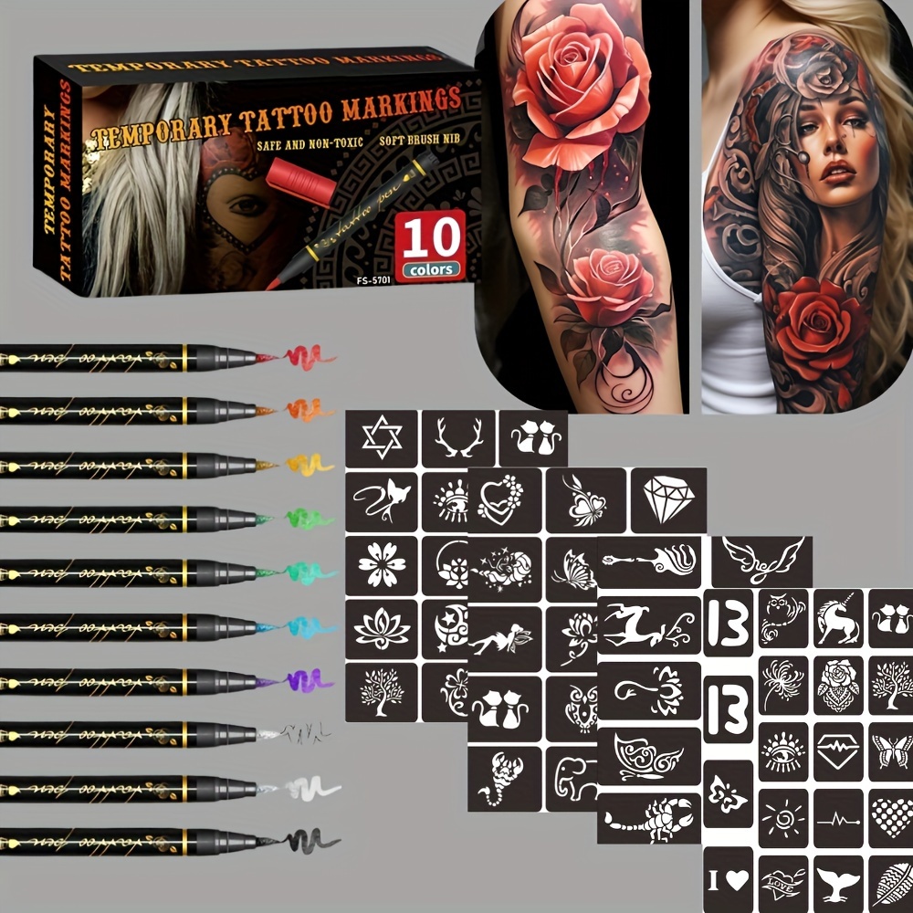 

10 Color Temporary Tattoo Marking Kit With 59 Stencils - Waterproof, Easy To Use, Skin-friendly, And Washable - Perfect For Festive Occasions, Parties, And Sports Events