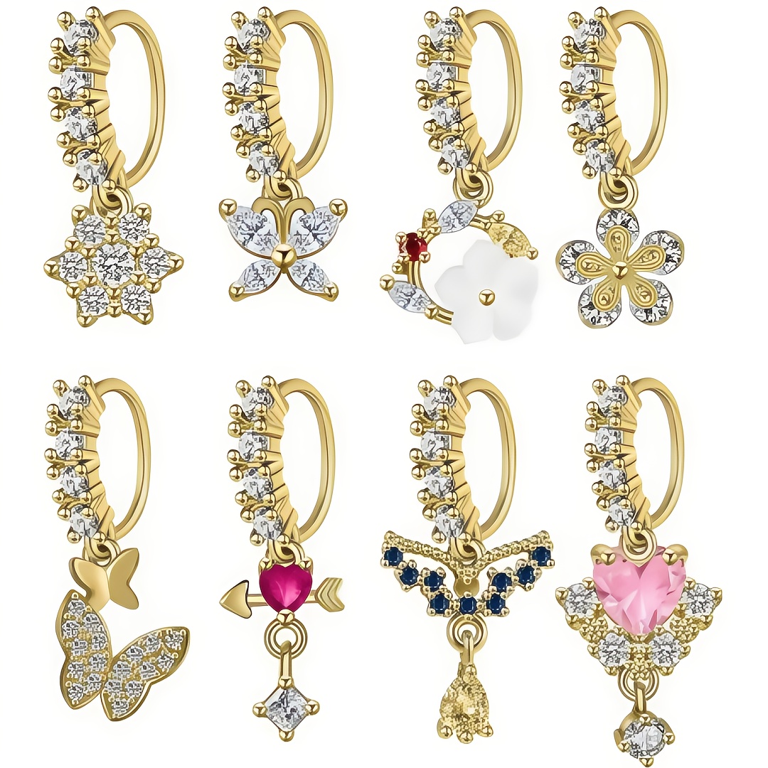 TEMU 8pcs Gold-plated Nose Piercing Set - Cross & With Cubic Synthetic Zirconia, Adjustable Design