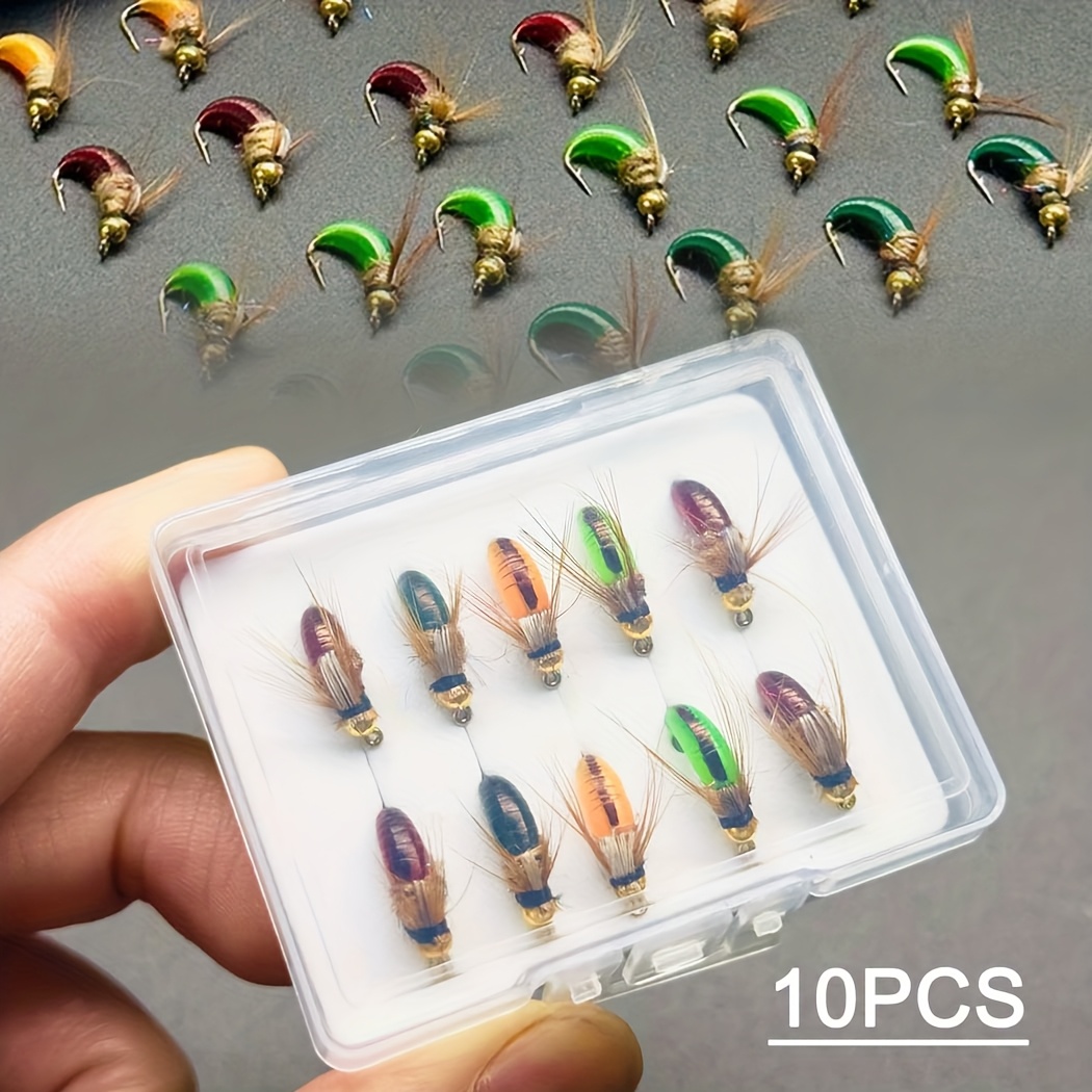 E-shop 5/10 Stk-Forelle--Angeln-Köder mit Fliegen-Box-Brass-Kopf-Nymph-Mehrfarbig-Größe #10-Material Kunstfeder & Rayon