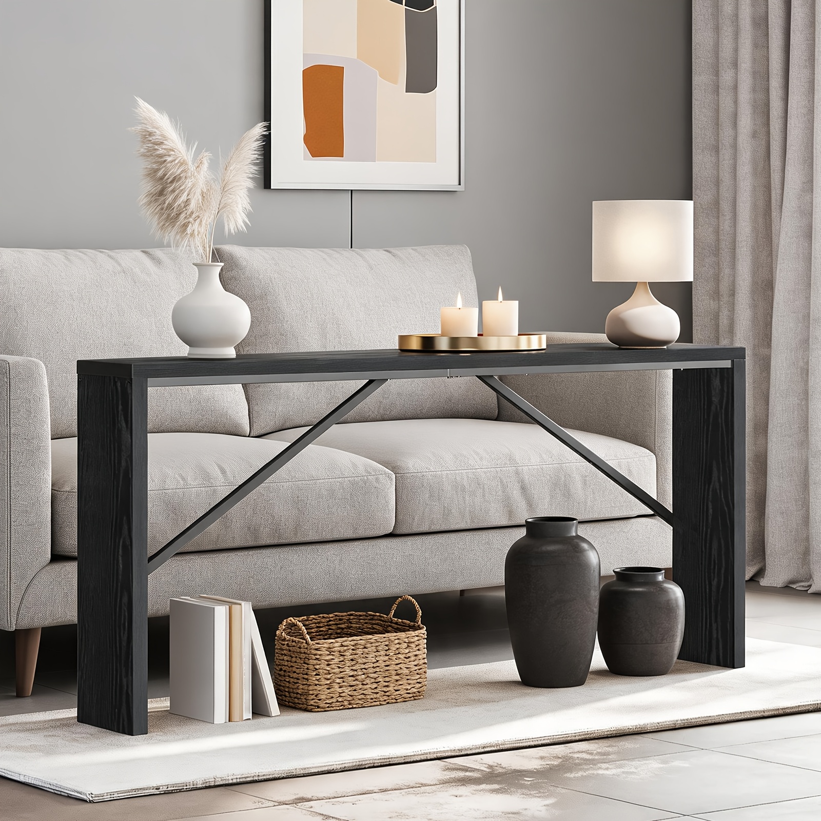Image of Console Table, Console Table, Sofa Back 180cm Long Sofa Table, Narrow Entrance Table, Farmhouse Dining Table With Beveled Golden Metal Frame, Industrial Console Table At The Entrance, Black
