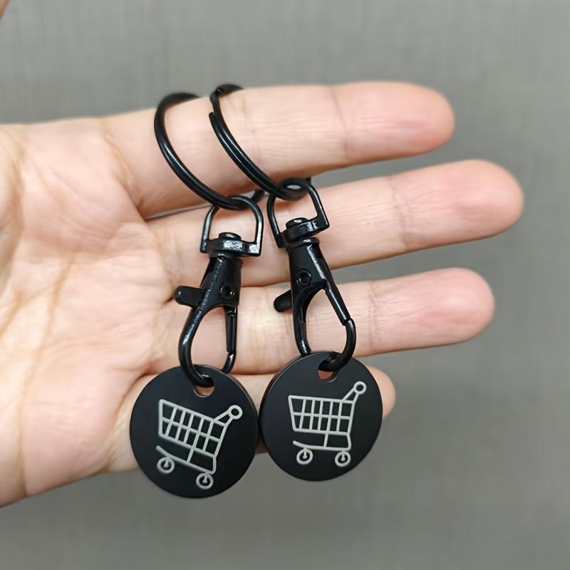 Image of 2pcs Black Stainless Steel Token Keychain Supermarket Shopping Cart Keychain Additions Pendant