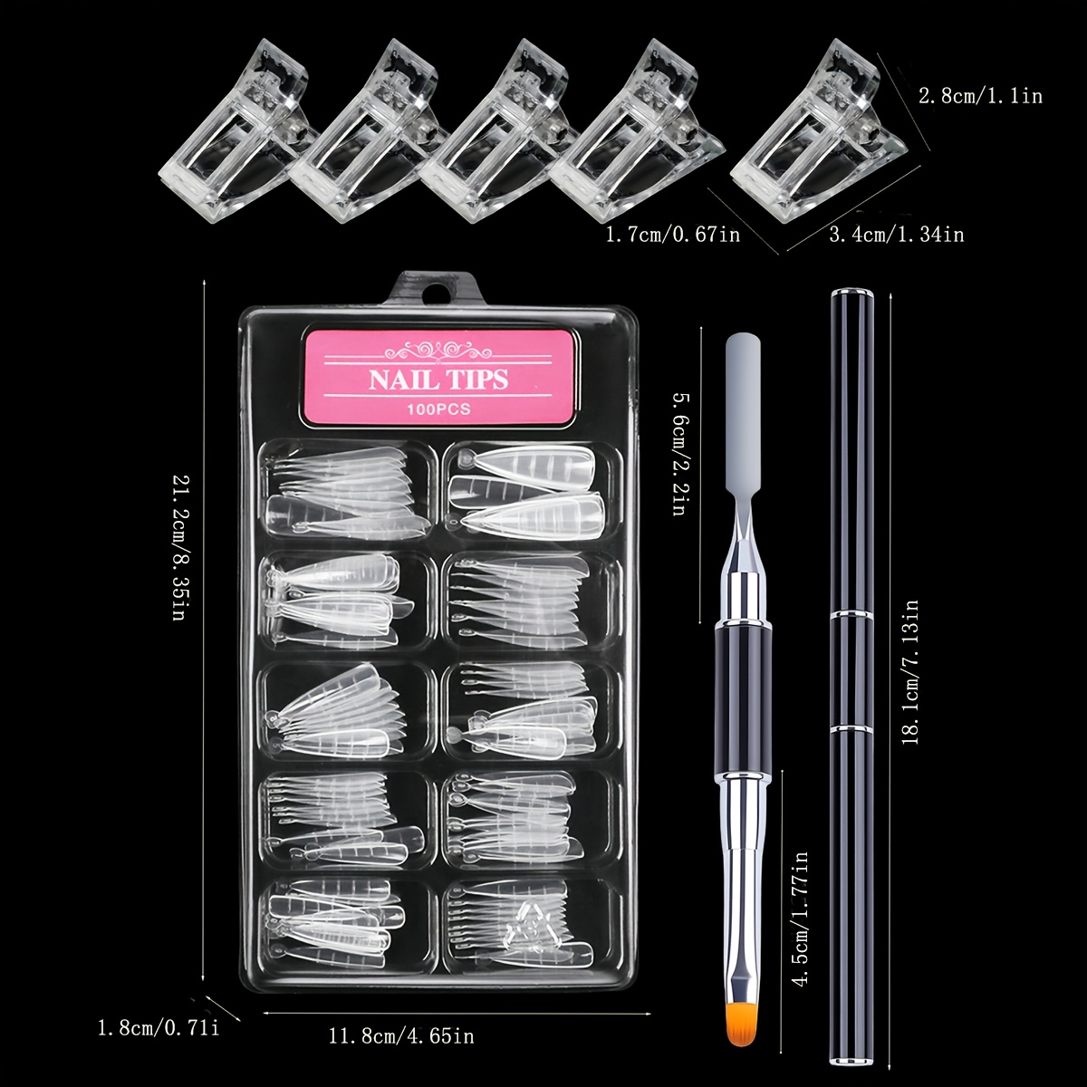 TEMU Kit de 100 ou 144 capsules de renfort pour ongles transparentes avec 5 pinces à ongles, pinceau gel double extrémité et lime à ongles pour