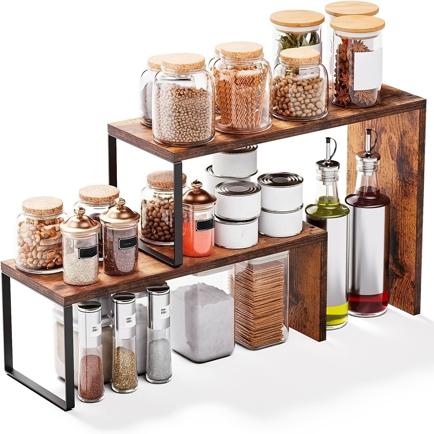 Image of 2pcs Kitchen Countertop Storage Rack, Double-layer Seasoning Rack, Cabinet Storage, Stackable Countertop Corner Rack, Wooden Storage Rack For Food Storage Room, Countertop, And Coffee Corner