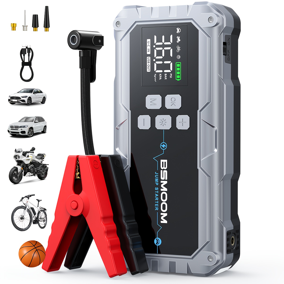 TEMU Démarreur de voiture avec compresseur d'air, pompe de gonflage de pneus fil, booster de batterie de voiture avec batterie externe et lampes de