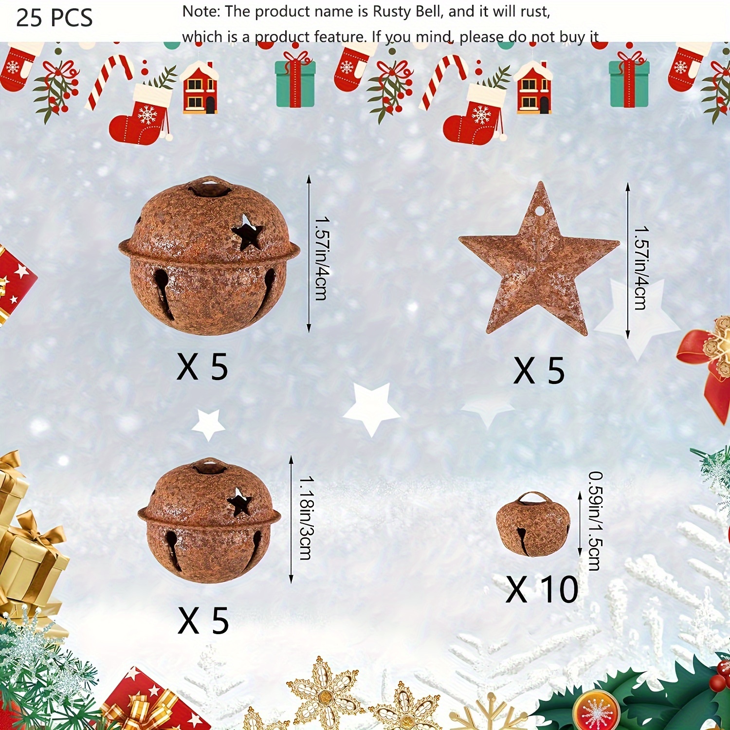 TEMU 25pcs Rusty Metal Jingle Bells With Mini Rusted Stars - Farmhouse Christmas Sleigh & Tree Decorations, Rustic Bell Sounds For Holiday Ornaments,
