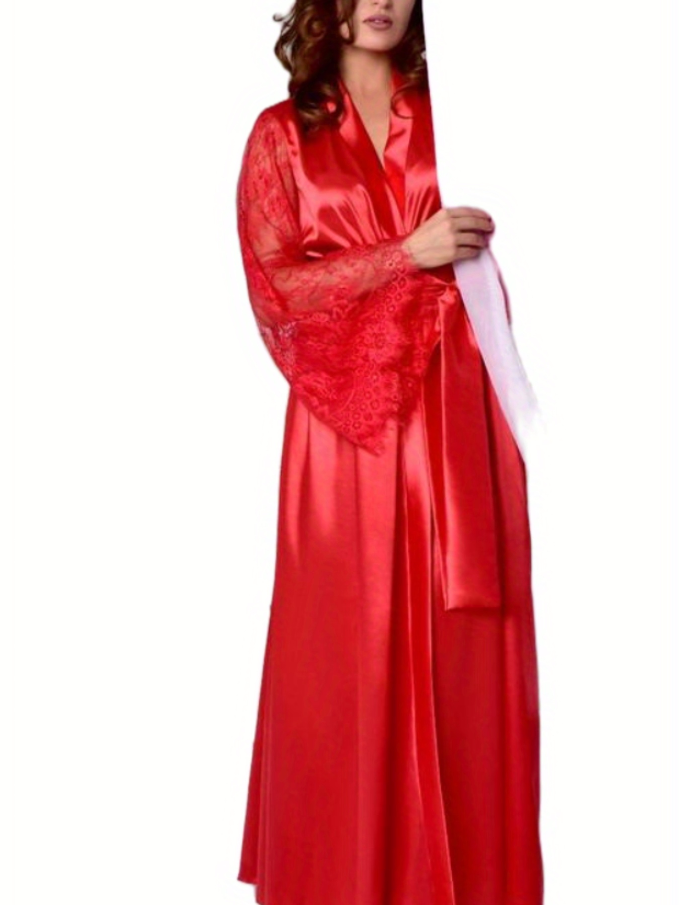 elegant red womens lace robe sexy v neck nightgown with long sheer sleeves floral print soft polyester blend comfortable sleepwear for  