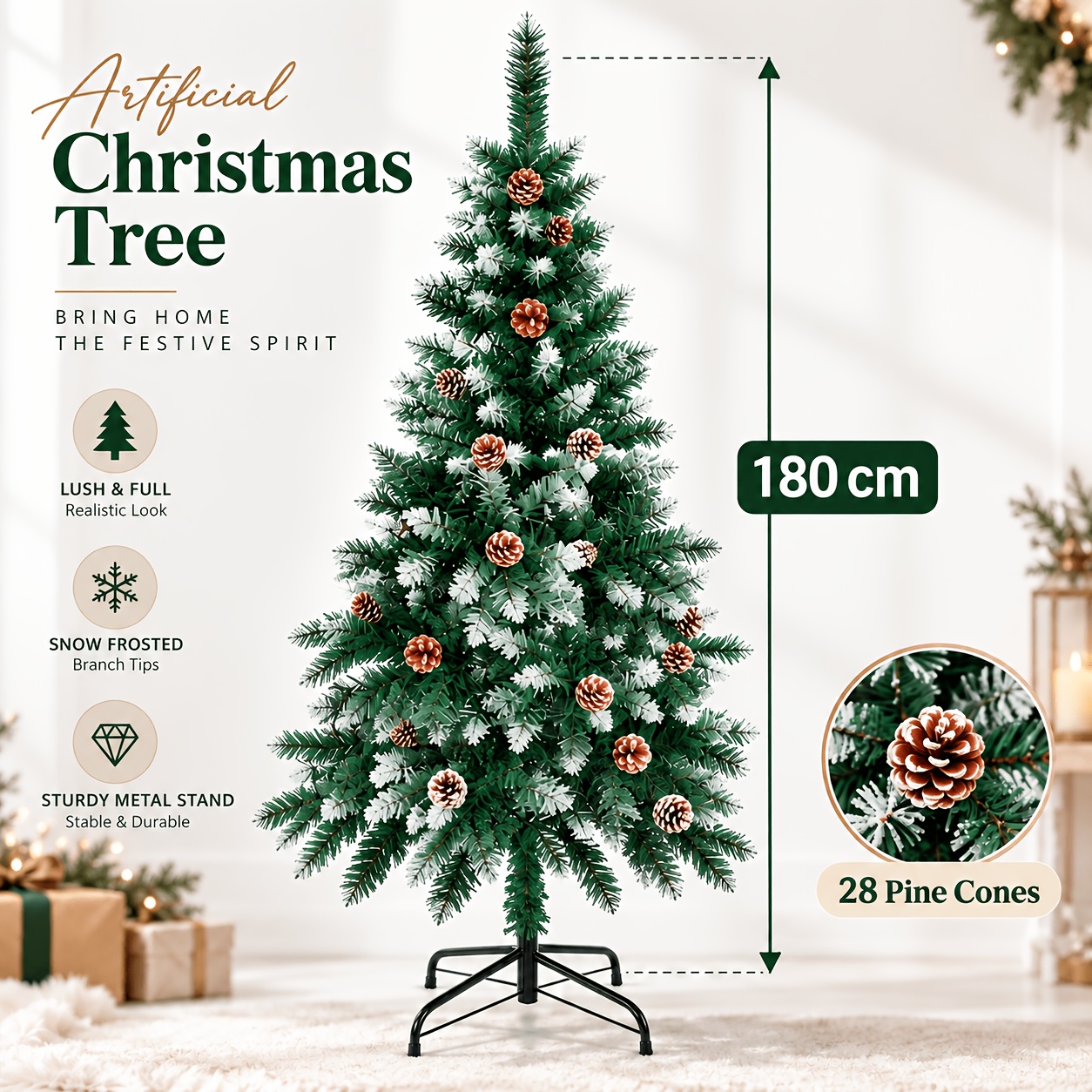 Image of 1pc Snow Flocked Artificial Christmas Tree With Pine Cones Unlit Full Snowy With Frosted Tips And Metal Stand Indoor Christmas Decor For Living Room Home Party Seasonal Winter Decoration