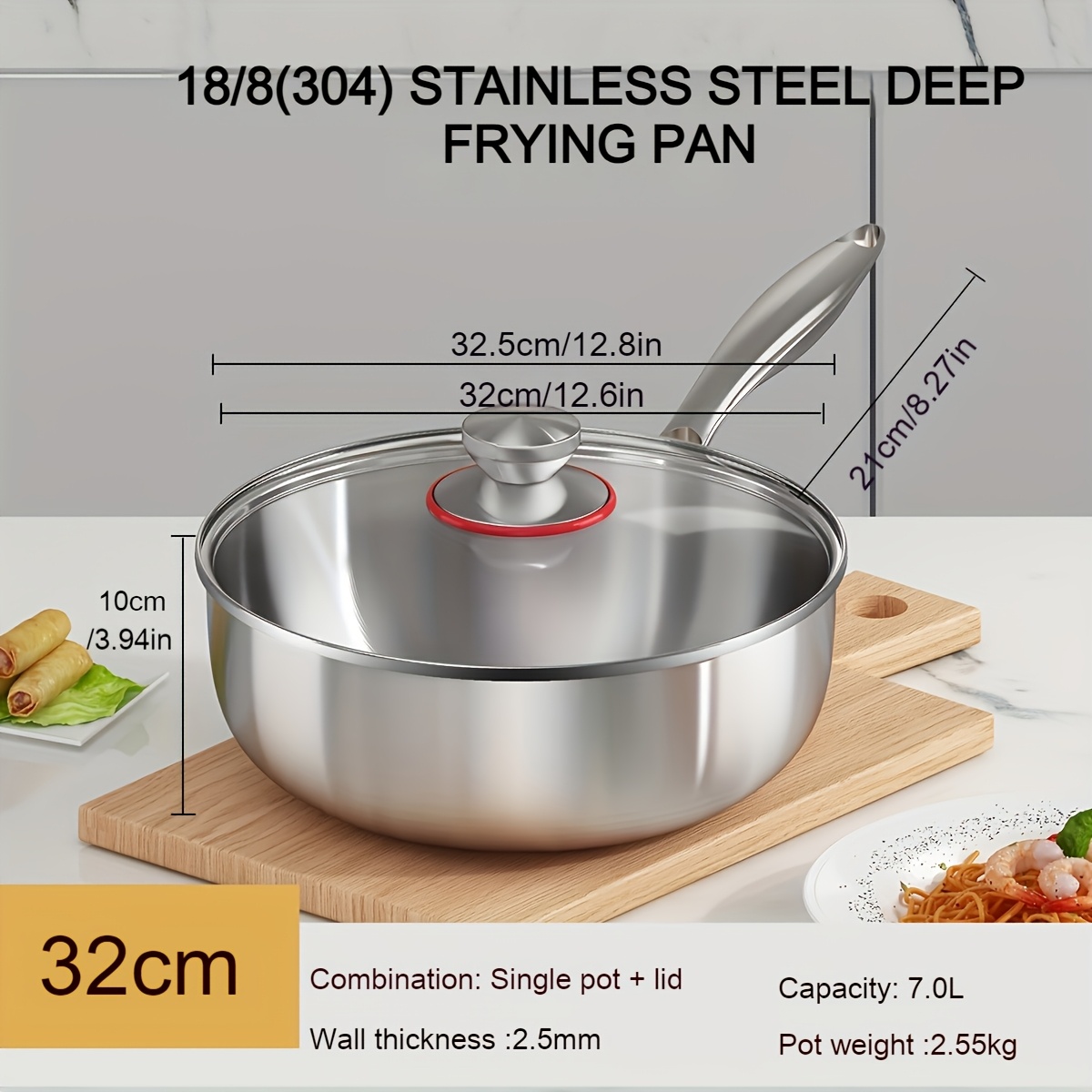 Image of 18/8 Stainless Steel Frying Pan With Lid Pan , Compatible With All Cooktops, Oven Up To 660, Dishwasher-safe