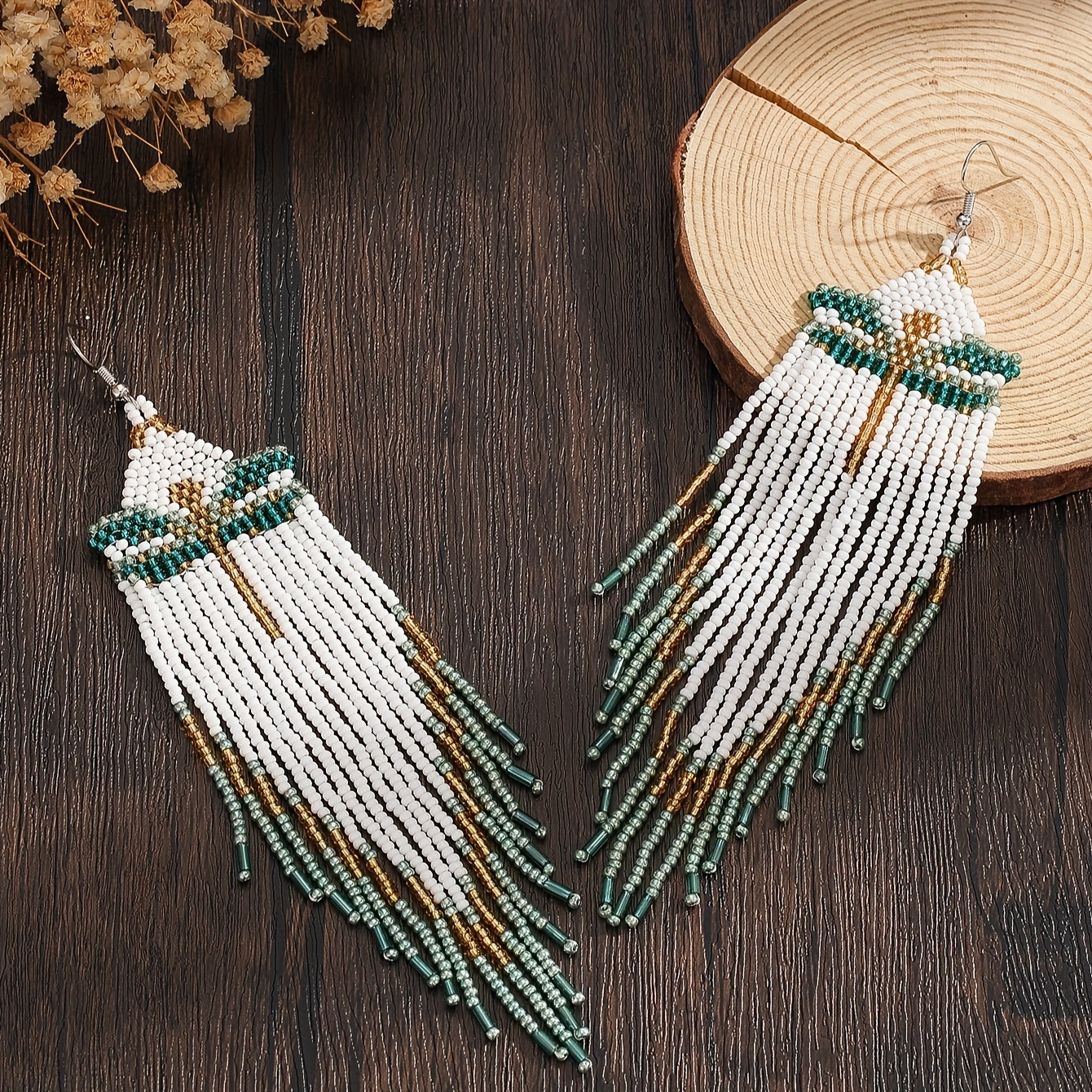 TEMU A Pair Of Handmade Beaded Earrings, White Dragonfly Earrings, Long Women's Beaded Earrings, Dangle Earrings, Tassel Earrings, Woven Earrings,