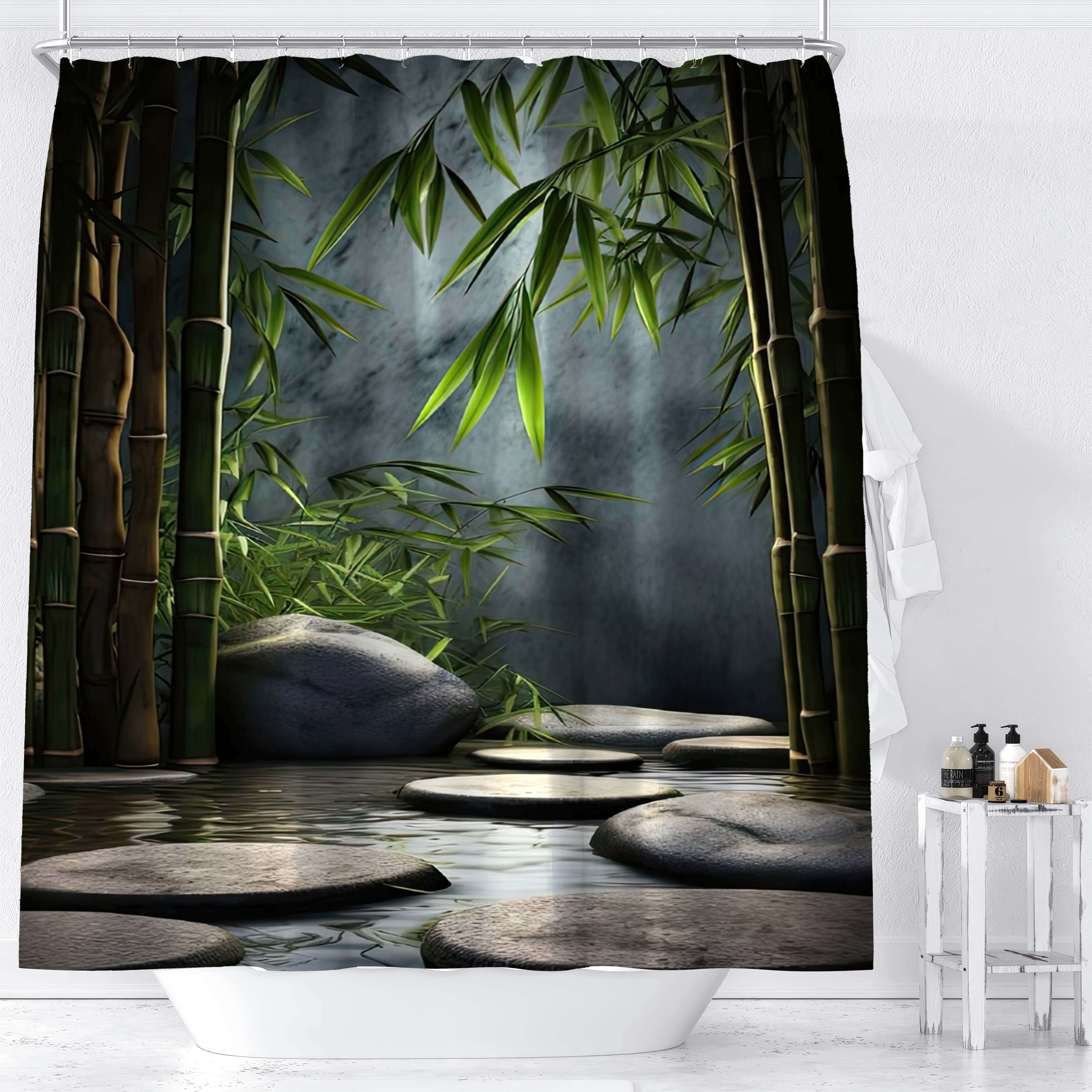 

1pc Zen Garden Bamboo Forest Stream Stones Scenery Digital Print Shower Curtain, Green Nature Themed Bathroom Decor, Waterproof Fabric