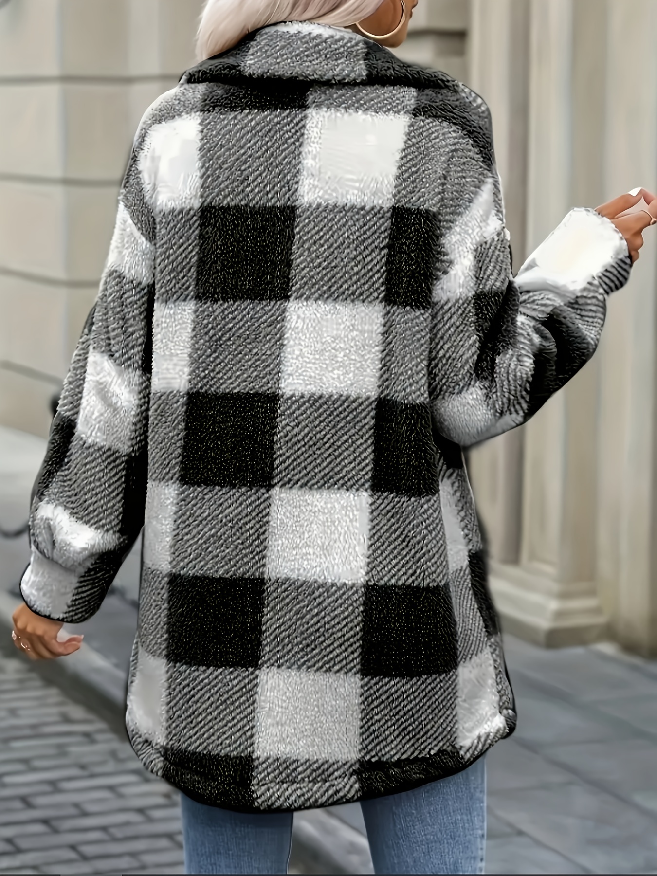 veste en pluche à carreaux   mode transfrontalière pour femme Détails du produit 1