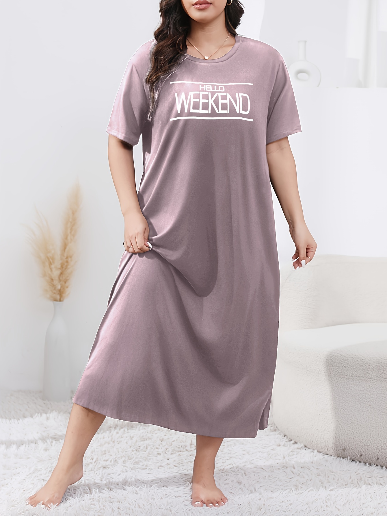 Women's Plus Casual Lounge Dress, Plus Size Slogan Print Short Sleeve Round Neck Sleep Dress