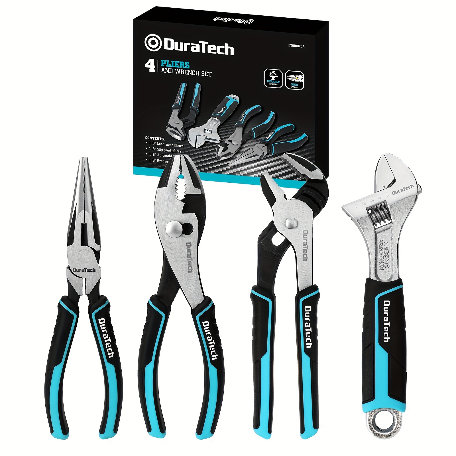 

Duratech 4-piece Pliers Set, 8" Long Nose Pliers, 8" Slip Joint Pliers, 8" Groove Joint Pliers And 8" Adjustable Wrench, For Home Use