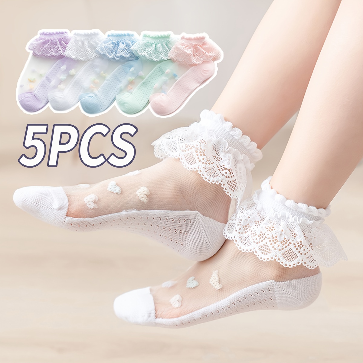 

5 Pairs Of Girl's Princess Style Low Cut Socks With Lace Trim, Comfy Breathable Soft Non-slip Socks For Kid's Summer Daily Wearing