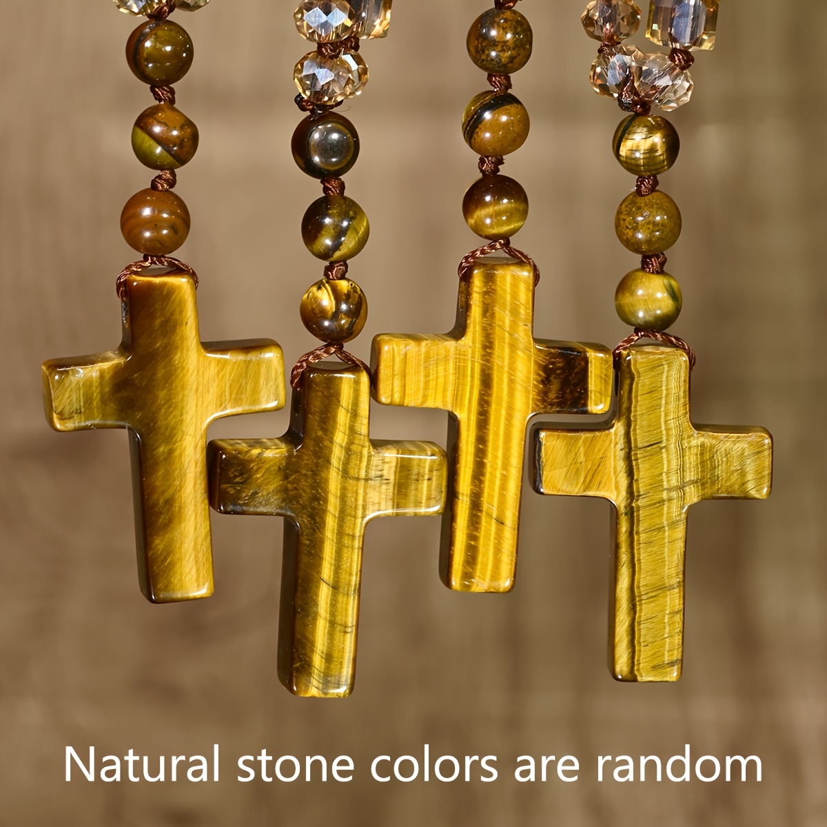 Unisex Natural Tiger Eye Cross Pendant Necklace