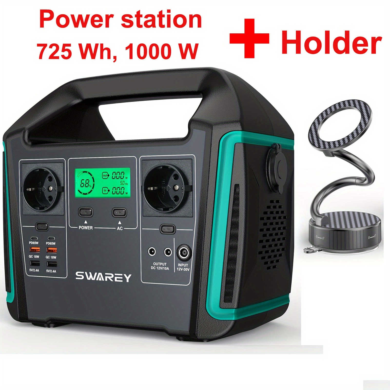 Image of Swarey Portable Power Station 725 Wh, 1000 W ( 1500 W) Lithium Batteries Solar Power Bank With 2 X 230v Ac Ports, 2 X Pd 65 W Usb-c