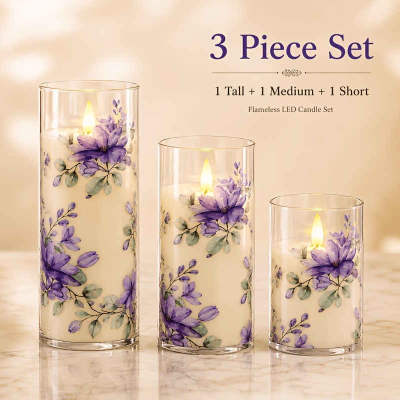 TEMU 3-pack Purple Floral Flameless Led Candles, Flickering Battery-operated Pillar Candles, Realistic Electronic Candle Lights, Perfect For Home