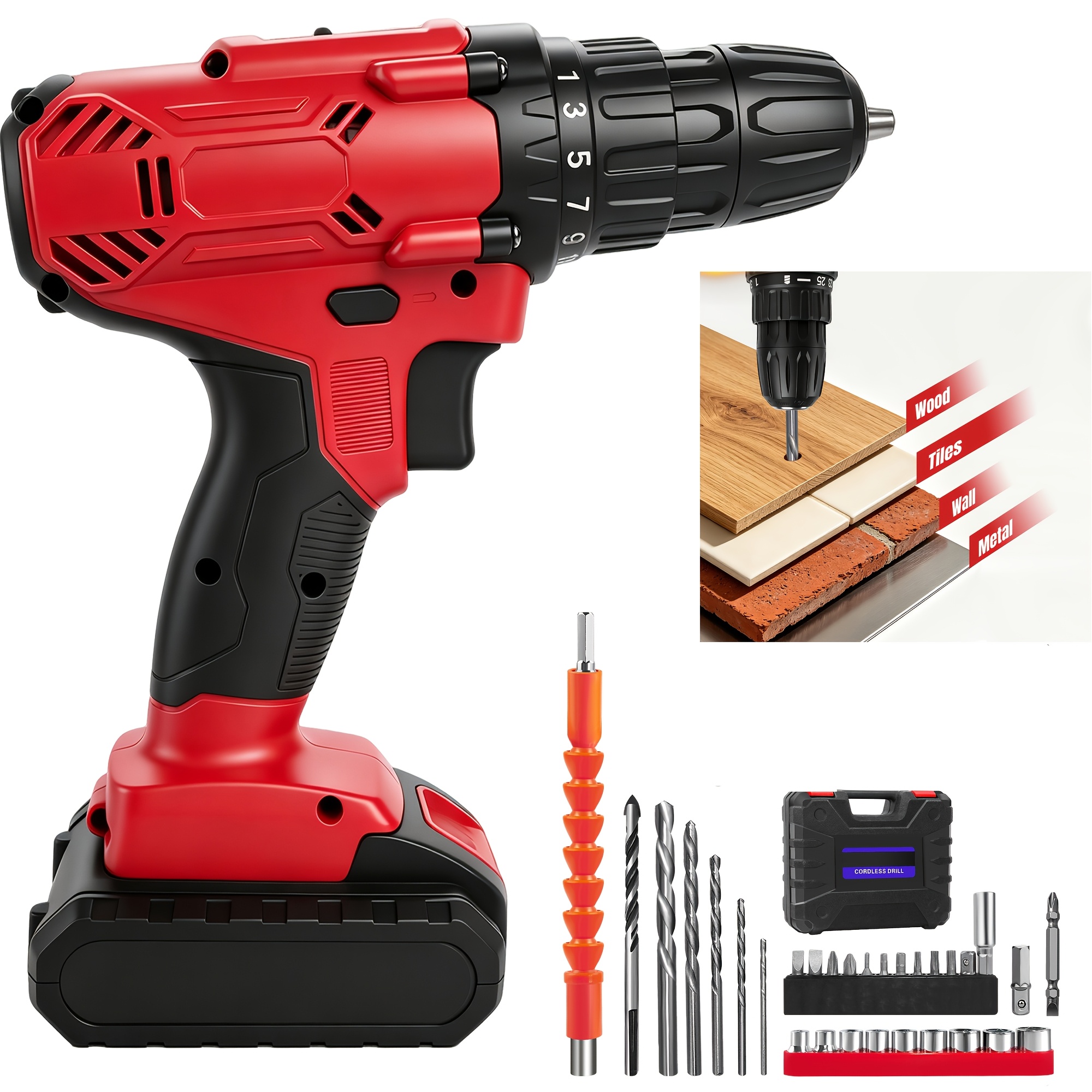 Image of Electric Cordless Drill Driver, 2700rpm Impact Drill Tool With 29pcs Accessories, 3/8'' Impact Drill Kit With 1.5ah Li- With Fast Charger - Red