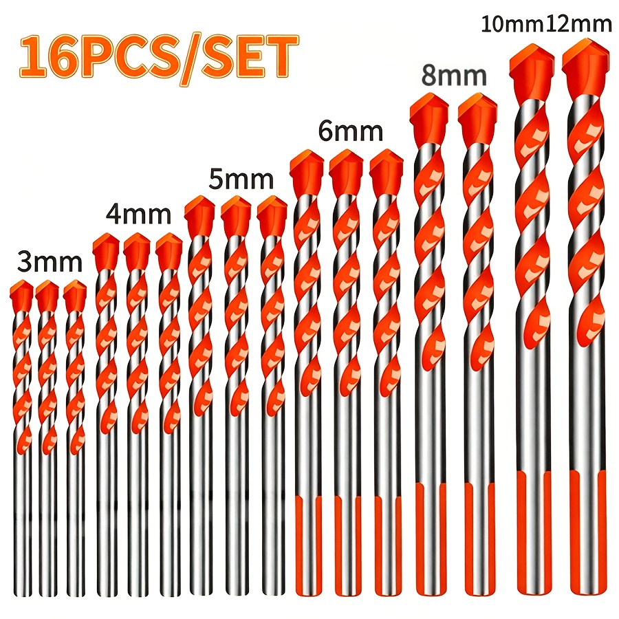 16pcs Masonry Drill Bit Set For Metal Steel Porcelain Ceramic Tile Concrete 3-12mm Drilling Tools