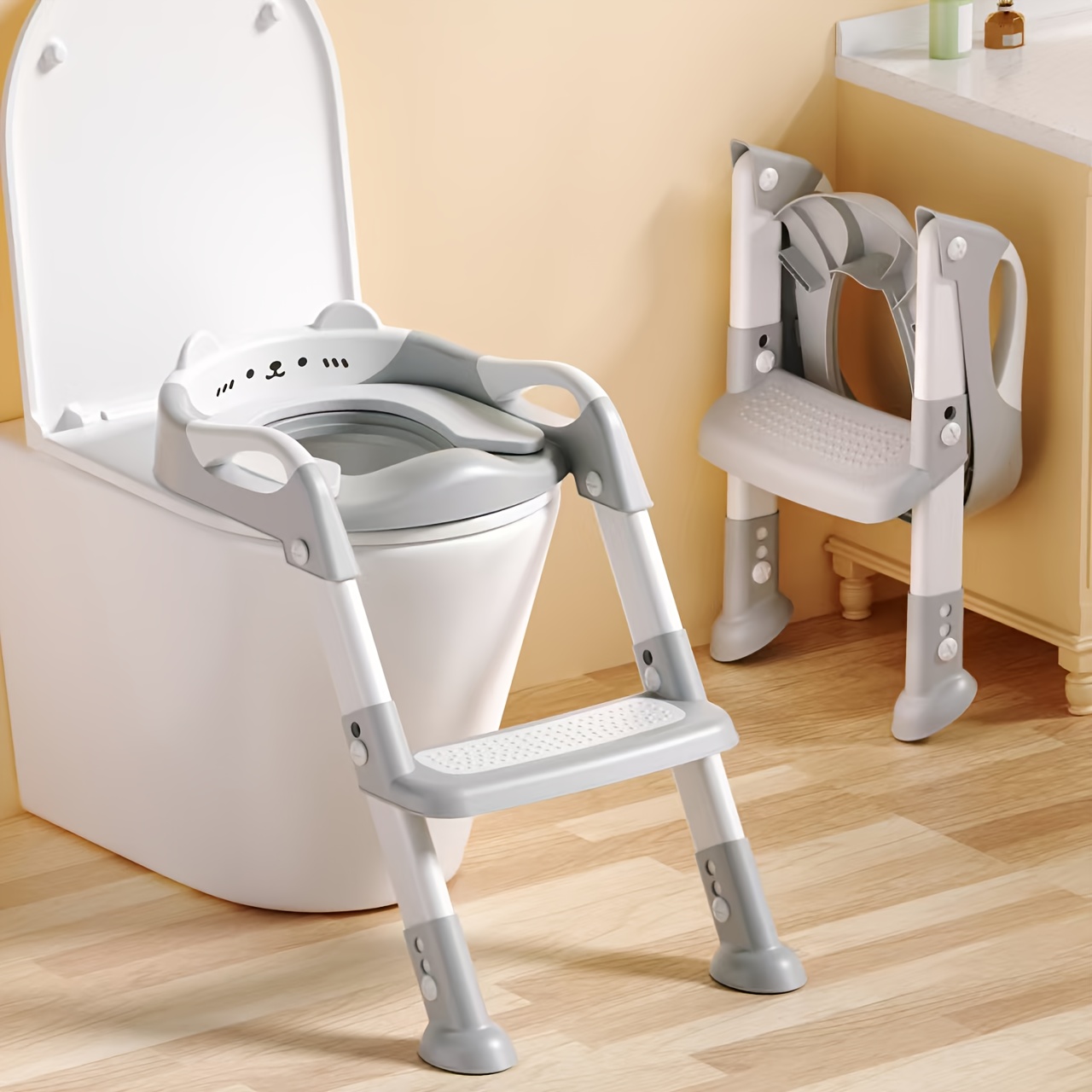item picture toilet training seat cartoon bear auxiliary toilet ring stepping toilet foldable step type boy and girl toilet training toilet horseshoe   toilet