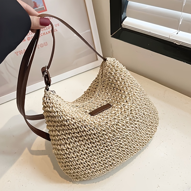 TEMU Bohemian Vintage-style Woven Straw Shoulder Bag, Featuring An Adjustable Strap And Zipper - Khaki/beige, Made From Durable Fabric, Suitable For