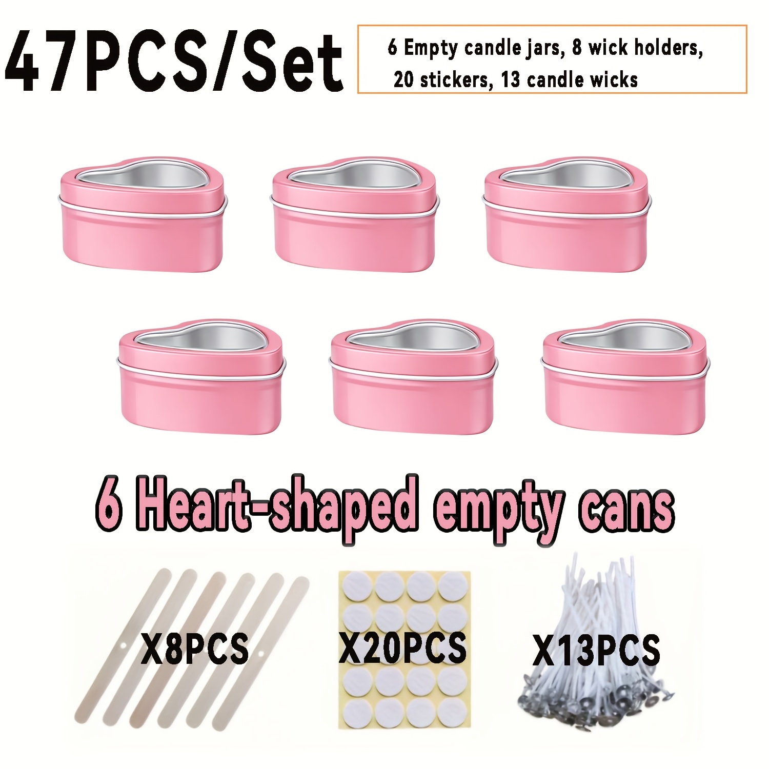 TEMU 47pcs/set Heart-shaped Candle Making Kit-pink Metal Tins With Lids. Includes 6 Empty Candle Tins And 41 Accessories (including Wicks, Wick