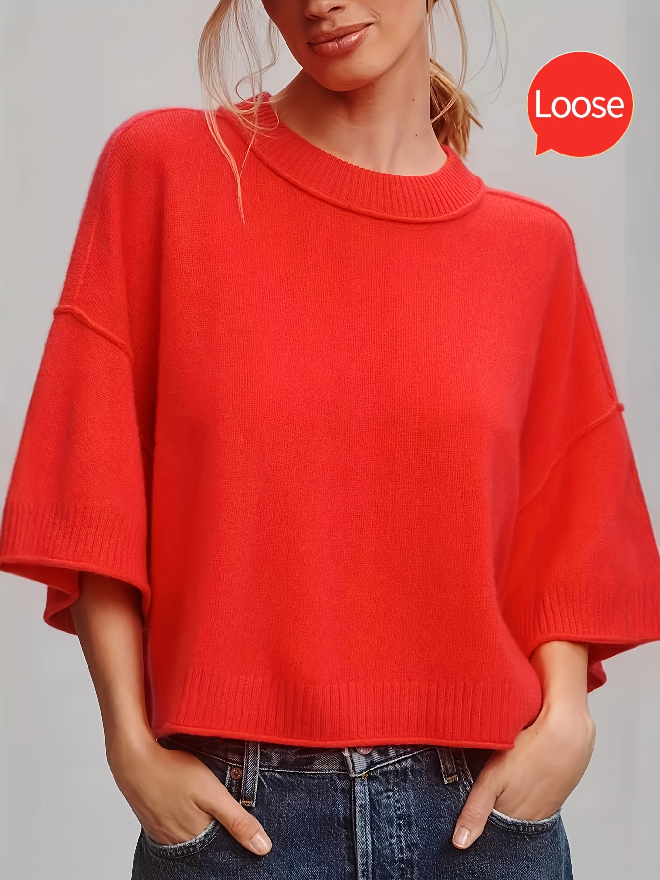 2026 New Women's Spring/Summer Elegant, Comfortable, Soft Three-Quarter Sleeve Loose Fit Cropped Rolled Hem Crew Neck Casual Pullover Sweater Top