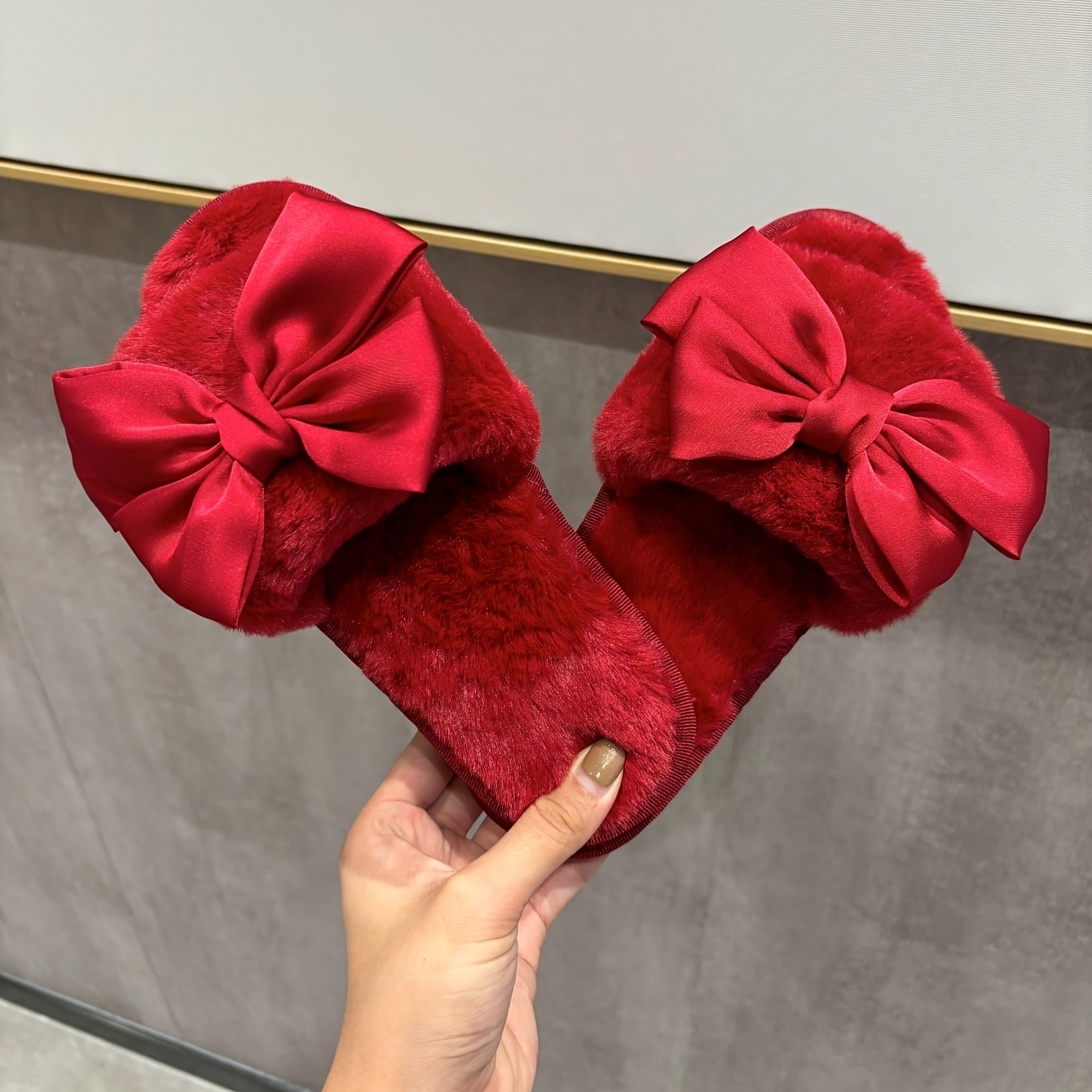 Women's Flat Faux Fur Bow Slippers Red Valentine's Day Home Slippers Plush Slide Sandals, Women Shoes