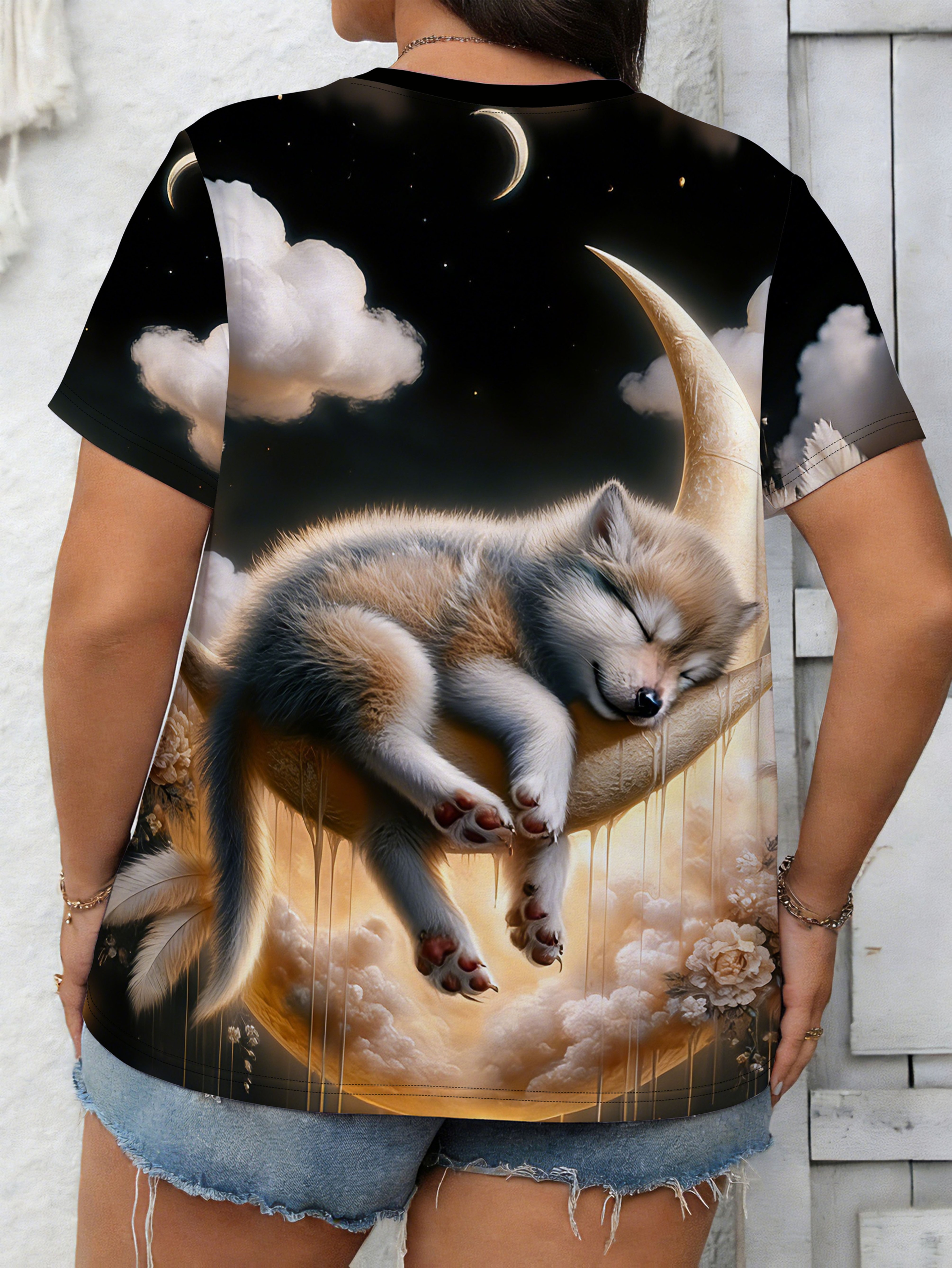 ladies casual and fashionable short sleeved t shirt moon sleeping   pattern print street spring and summer   neck pullover holiday gift simple commuting short sleeved top