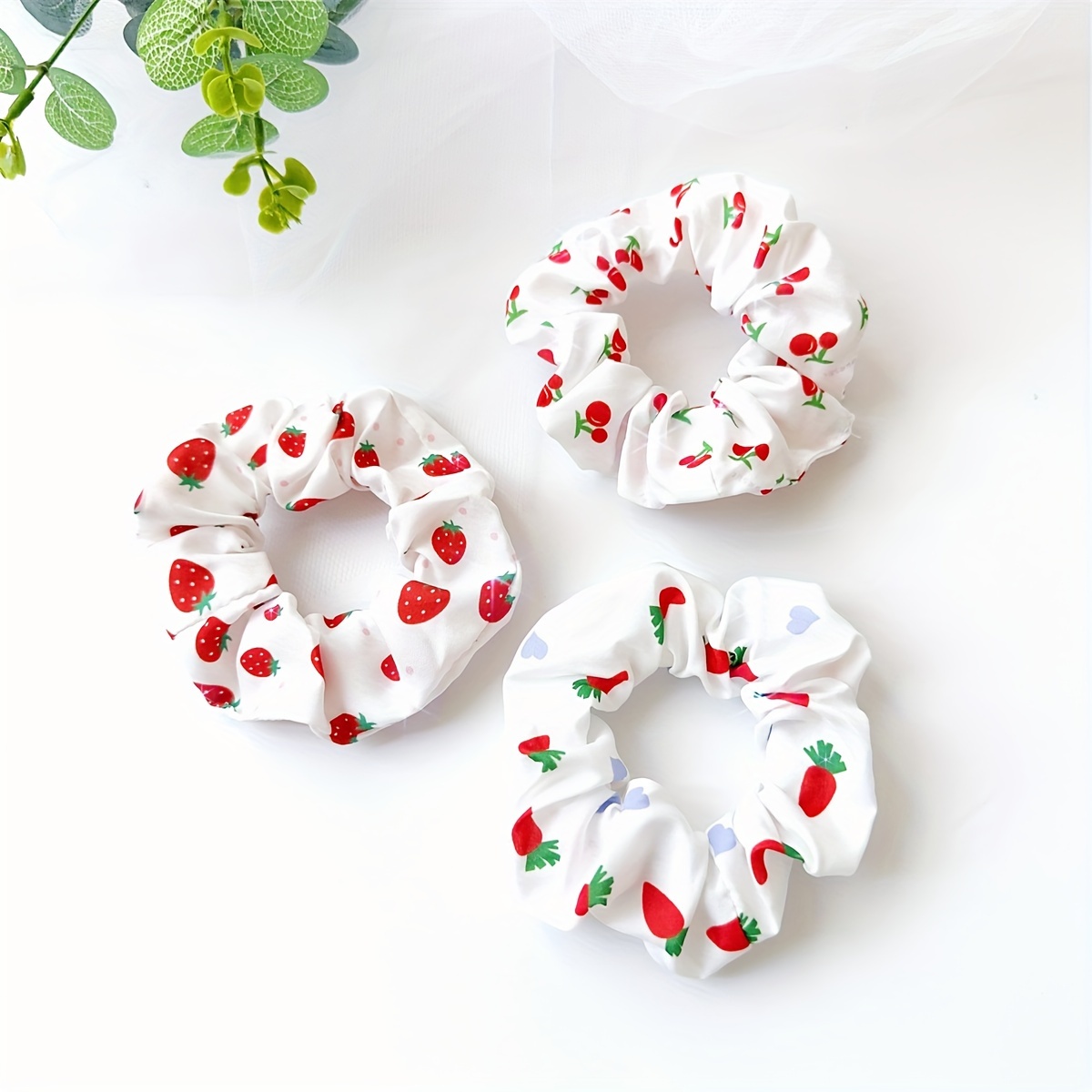 

3pcs Set Cute Cherry & Strawberry Print Scrunchies - Soft Fabric Hair Ties For Women And Girls, Ponytails & Styling