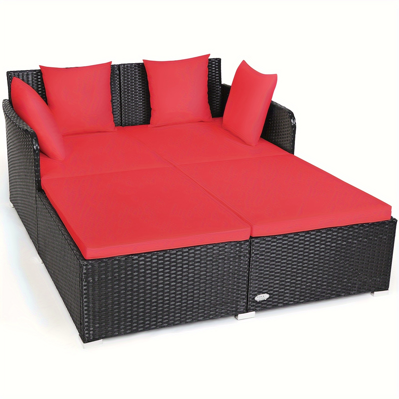 

1set Outdoor Rattan Daybed With Red Cushions, Patio Furniture Sofa With Pillows, Weather-resistant Wicker, 61x52 Inches