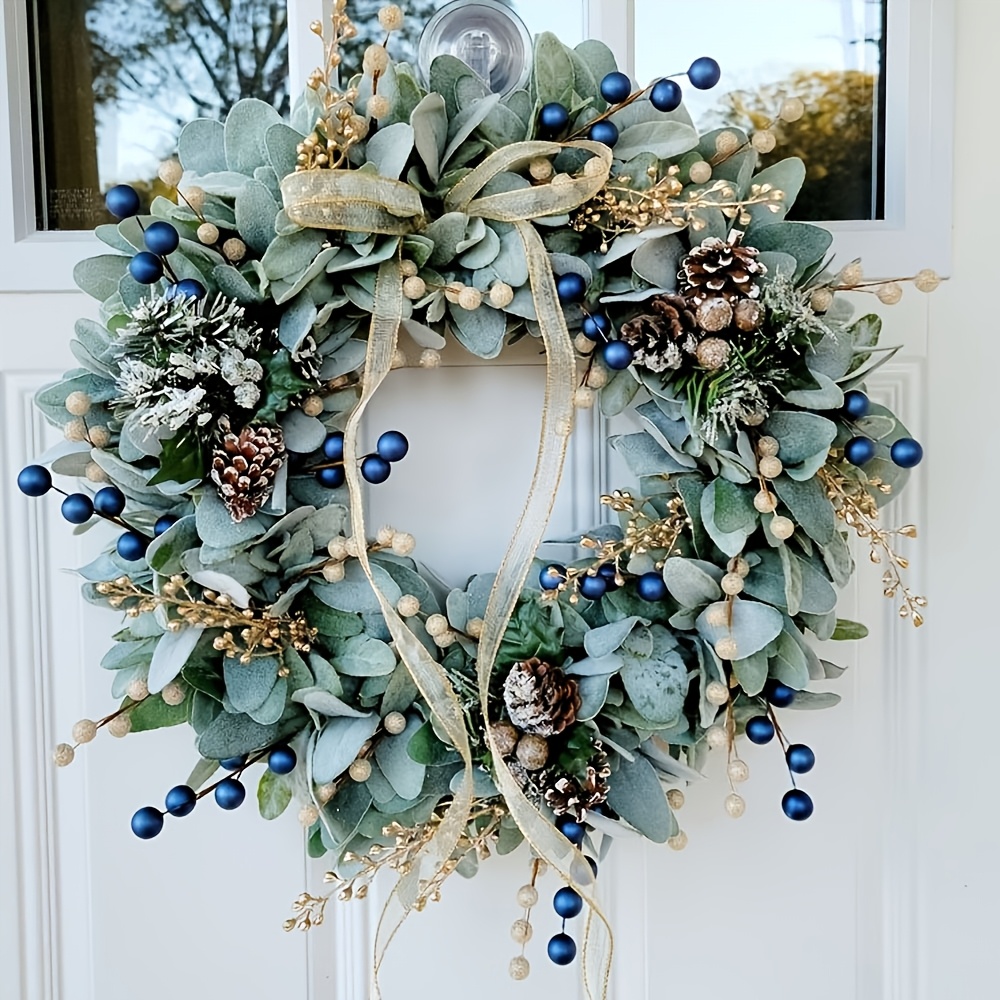 

Rustic Farmhouse Ear Wreath With Pine Cones, Blue And Golden, Plastic, Contemporary Wall Hanging For Christmas, Easter, Hanukkah, Thanksgiving, Lei Day - No Electricity Or Feathers Required