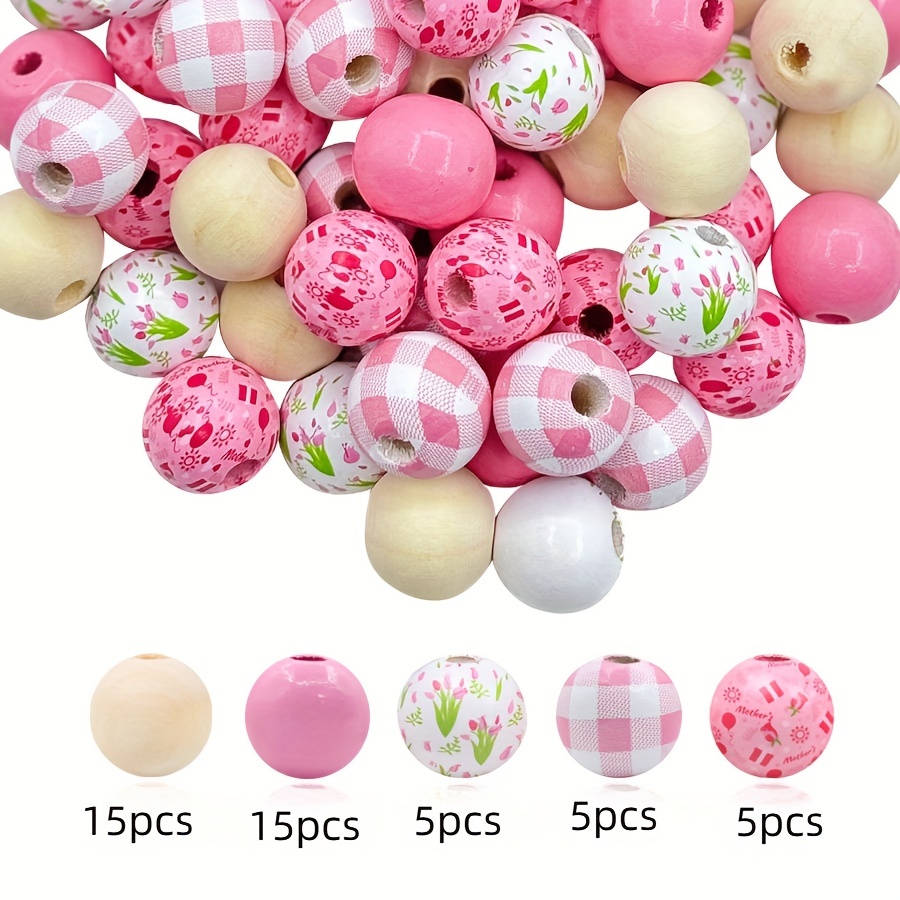 TEMU 45pcs Mother's Day Tulip Wooden Bead Set 16mm - Assorted Diy Wooden Beads For Jewelry Making And Crafts - Natural Wood Beads With Floral Patterns For Bracelets And Necklaces