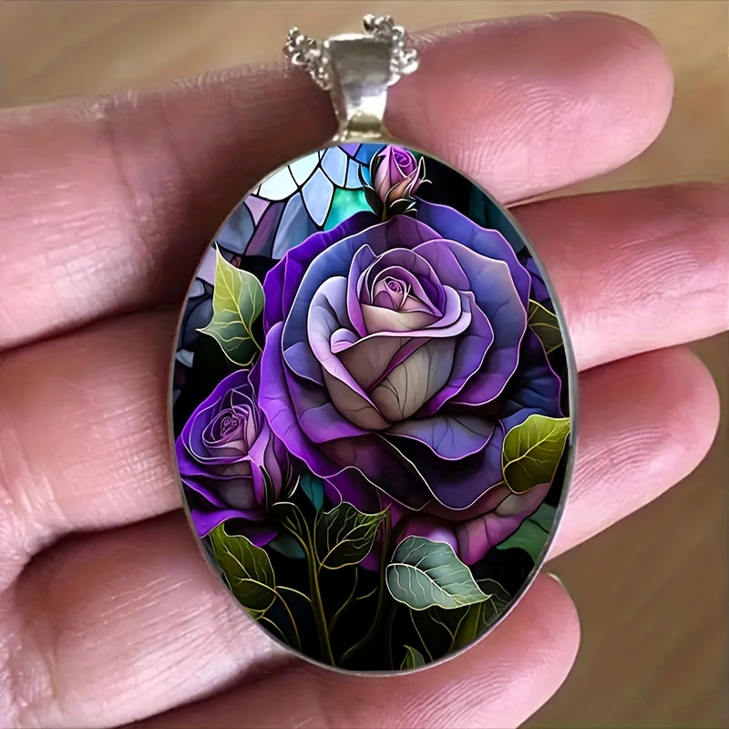 TEMU 1pc Fashion Elegant Purple Rose Pattern Oval Alloy Glass Necklace, Romantic Gift