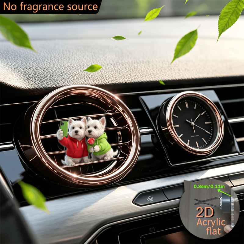 TEMU 2d Flat, 1pc West Highland Terrier Car Air Vent Clip Decoration - Cute Dog Holding Rose Suitable For Car Dashboard, Odorless Sponge Pads &