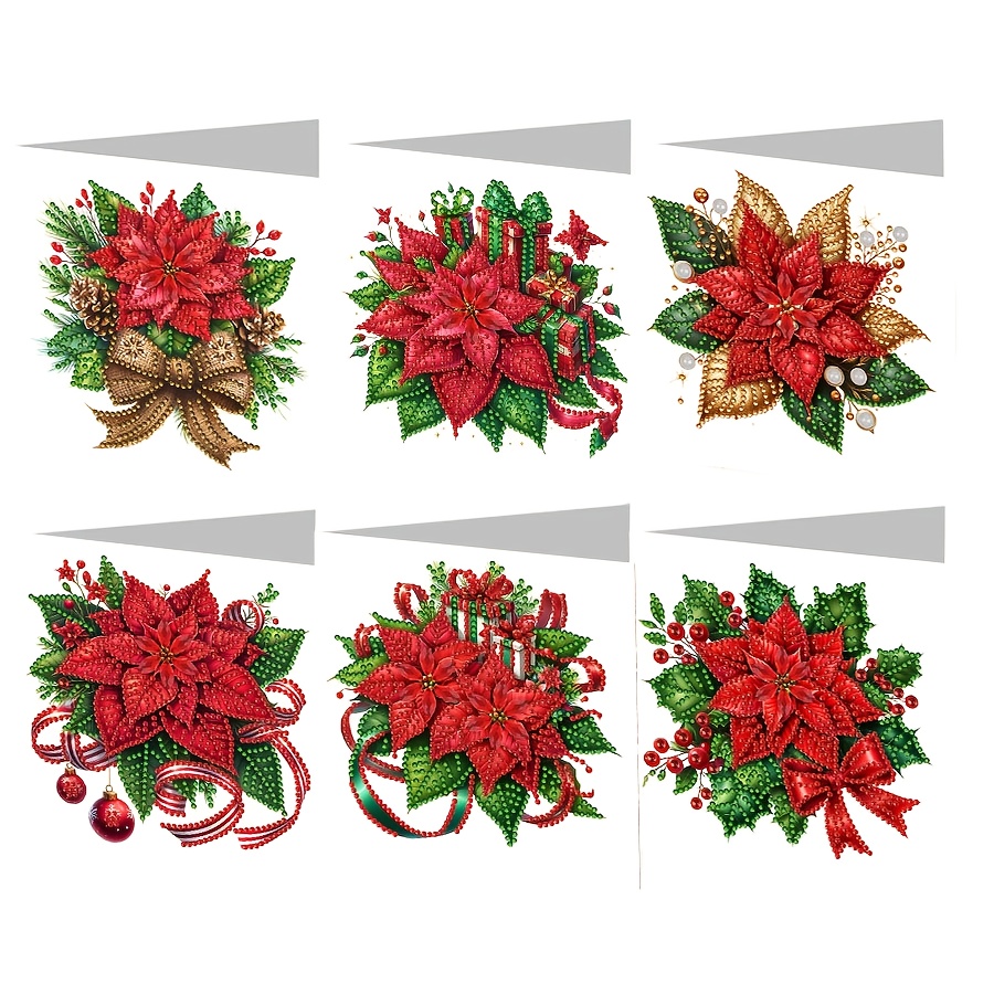 TEMU 6pcs Diy Diamond Painting Christmas Cards With Red Flower Pattern, Handmade Greeting Card Set Including Envelopes And Irregular Rhinestone Shiny