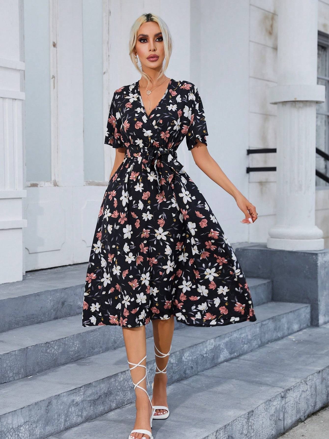 elegant floral print v neck midi dress women chic a line Temu