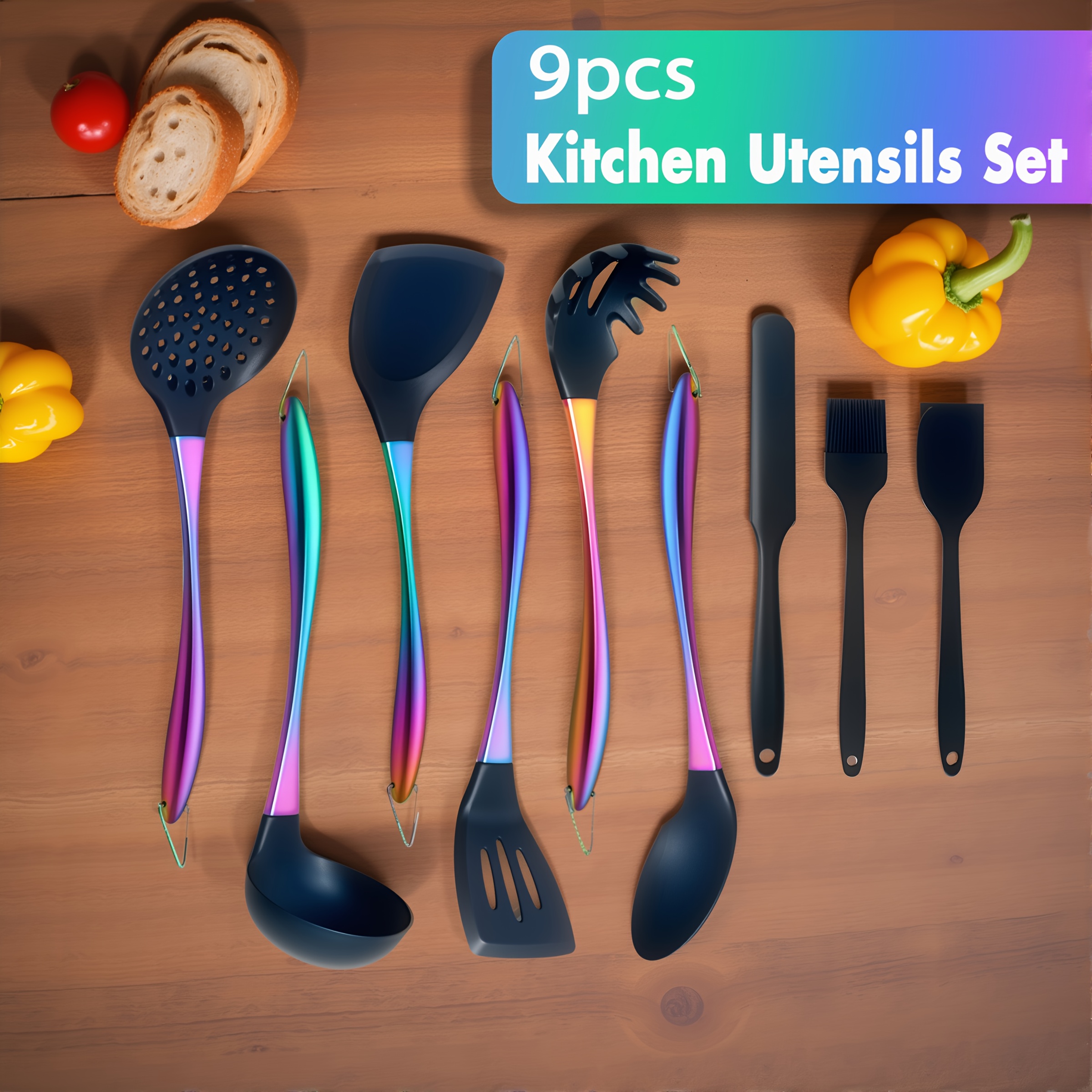 TEMU 9pcs Silicone Cooking Utensils, Rainbow Kitchen Utensils Set, Titanium Cooking Utensils Set With Stainless Steel Handle, Silicone Spatula, Heat