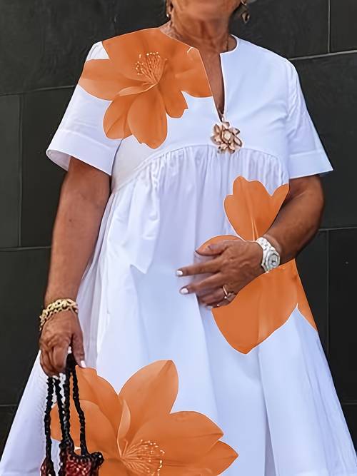 womens plus size dress 2025 summer v neck pleated white loose flower short sleeves midi dresses for woman 4xl 5xl