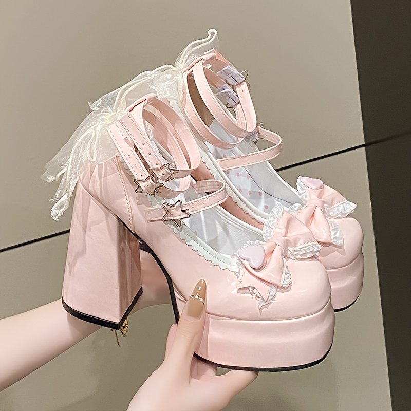 women' & pink gothic shoes - ultra-high chunky heels (6+ inch) with lace-like bow & star , round-toe synthetic s for cosplay, parties, fashion ( wear) - women's shoes - Temu