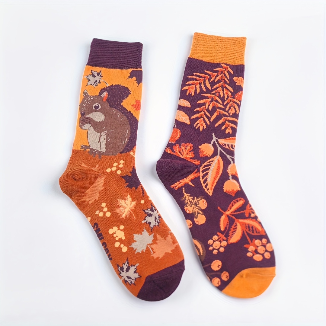 A Pair Of Mid-calf Socks For Men And Women Featuring Squirrels, Nuts, And